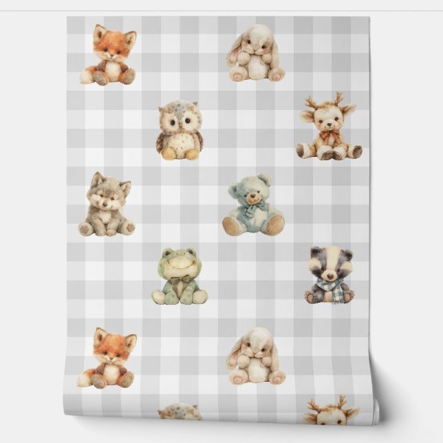 Woodland Animals Toys Gray Plaid Baby Boy Nursery Wallpaper (Unrolling)