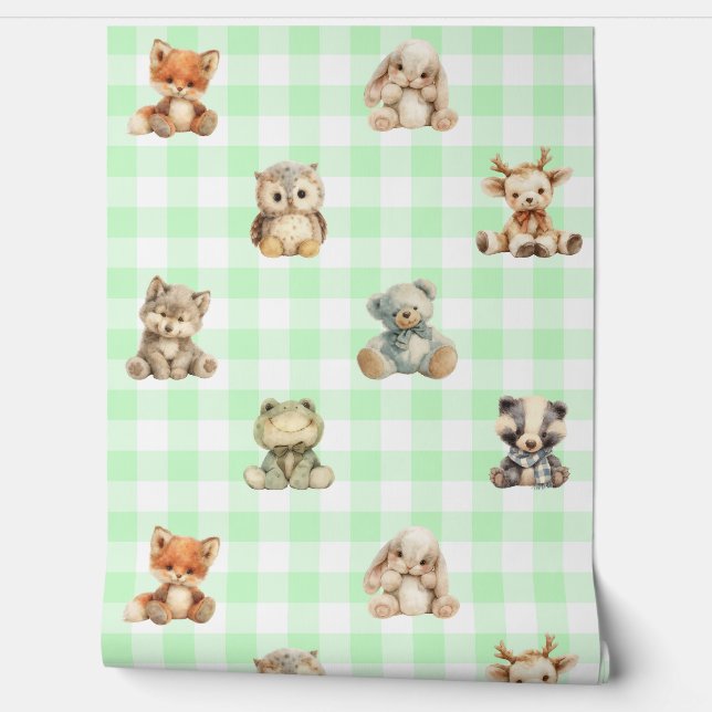 Woodland Animals Toys Green Plaid Baby Nursery Wallpaper (Unrolling)