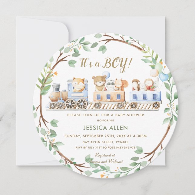Woodland Animals Train Greenery Baby Shower   Invitation (Front)