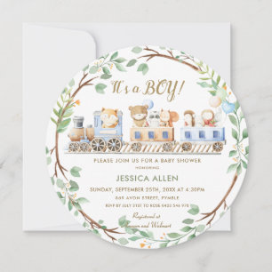 Woodland Animals Train Greenery Baby Shower Invitation