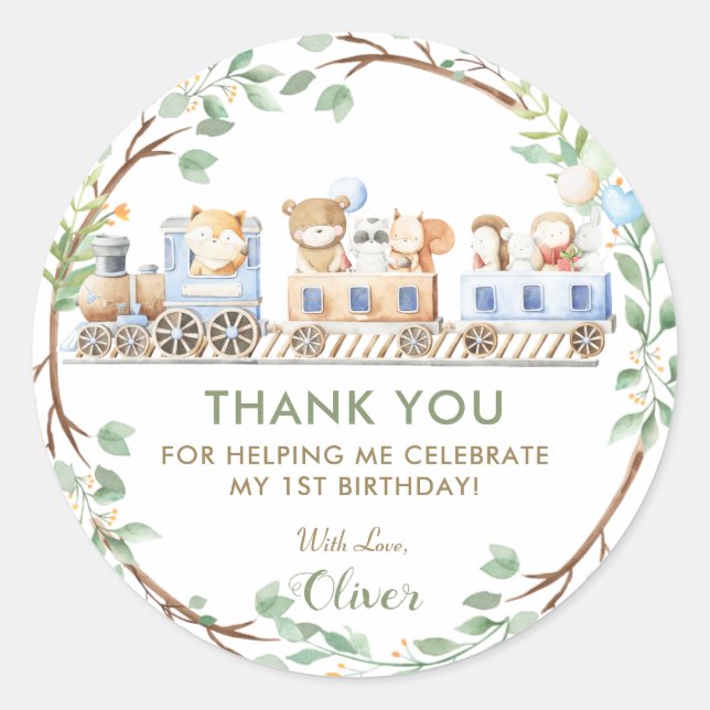 Woodland Animals Train Greenery Thank You Favor   Classic Round Sticker (Front)