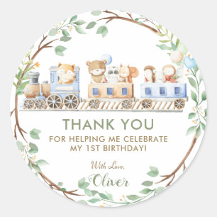 Woodland Animals Train Greenery Thank You Favor   Classic Round Sticker