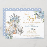 Woodland Animals Tribal Blue Gold Boy Baby Shower Invitation