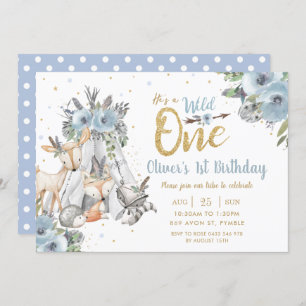 Woodland Animals Tribal Blue Wild One 1st Birthday Invitation