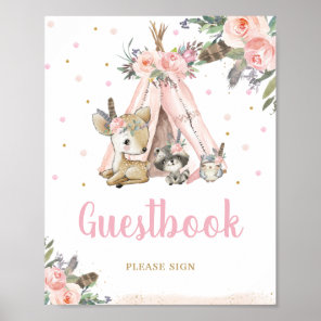 Woodland Animals Tribal Boho Floral Guestbook Sign