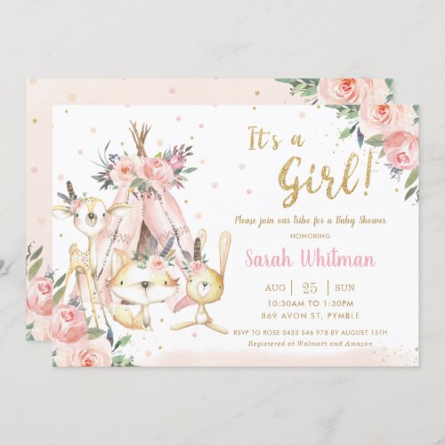Woodland Animals Tribal Its a Girl Baby Shower Invitation