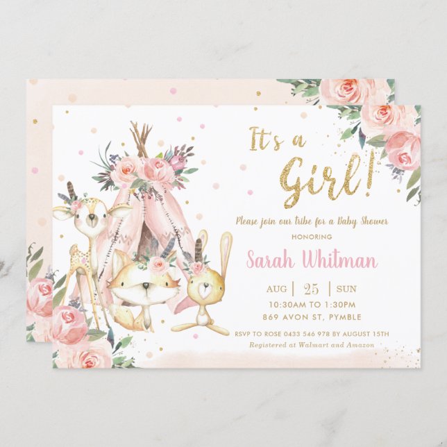Woodland Animals Tribal It's a Girl Baby Shower Invitation (Front/Back)