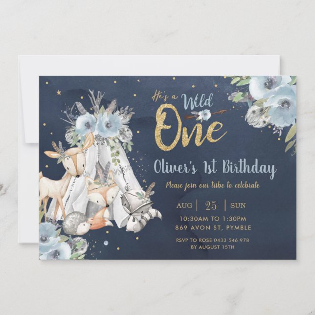 Woodland Animals Tribal Navy Gold One 1st Birthday Invitation (Front)