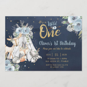 Woodland Animals Tribal Navy Gold One 1st Birthday Invitation