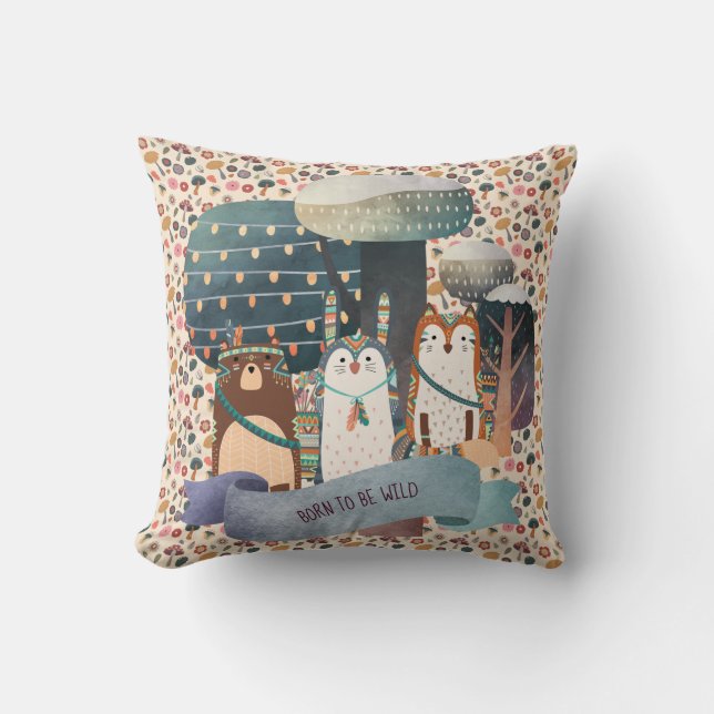 Woodland Animals Tribal Pillow - Born to be wild (Front)
