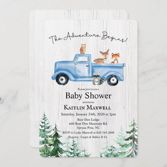 Woodland Animals Truck Baby Shower Invitation (Front/Back)