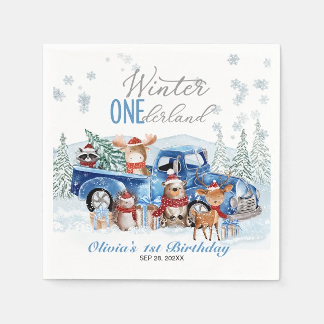 Woodland Animals Truck ONEderland 1st Birthday Napkins (Front)
