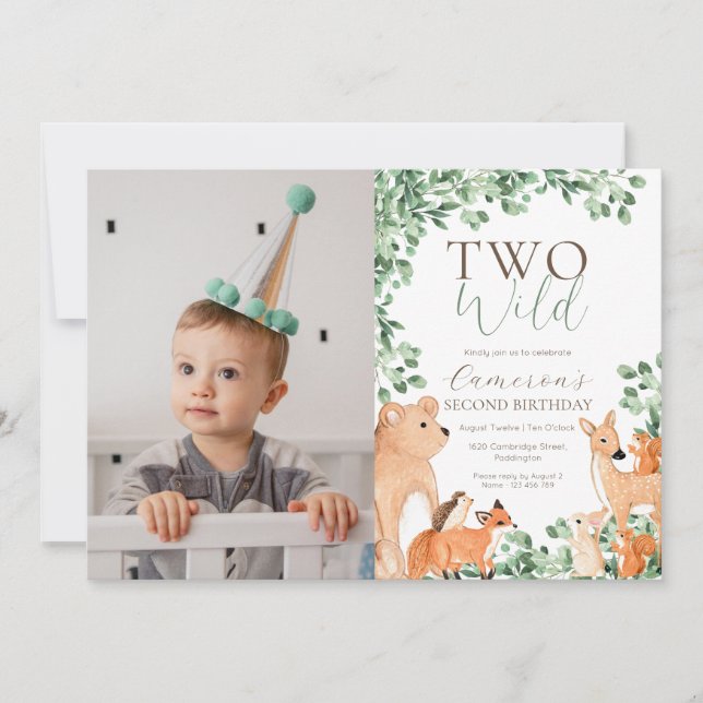 Woodland Animals Two Wild Second Birthday Photo Invitation (Front)