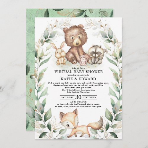 Woodland Animals Virtual Baby Shower Greenery Gold Invitation