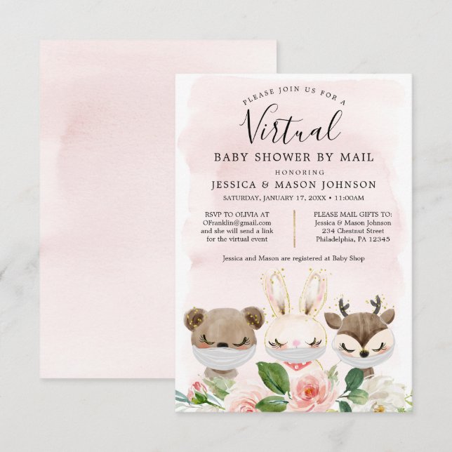 Woodland Animals Virtual Baby Shower Invites Girl (Front/Back)