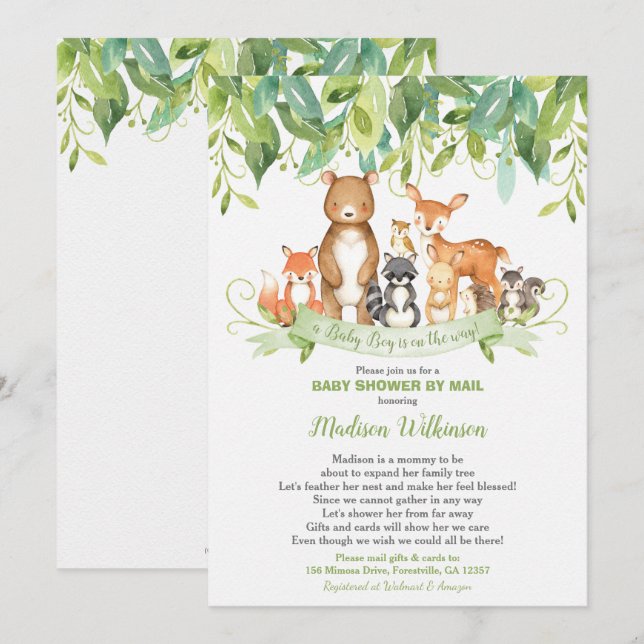 Woodland Animals Virtual Baby Shower Mail Greenery Invitation (Front/Back)