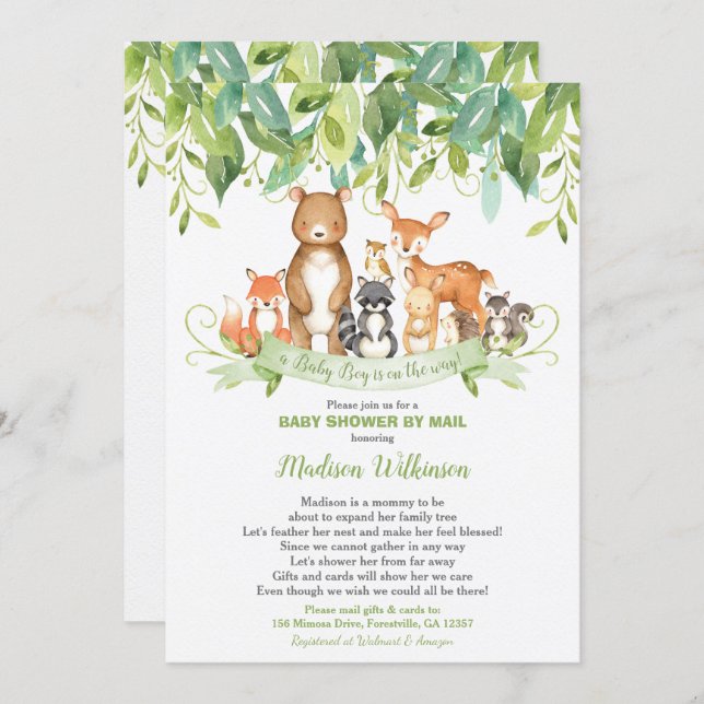 Woodland Animals Virtual Baby Shower Mail Greenery Invitation (Front/Back)