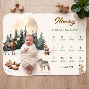 Woodland Animals Watercolor Baby Milestone Blanket