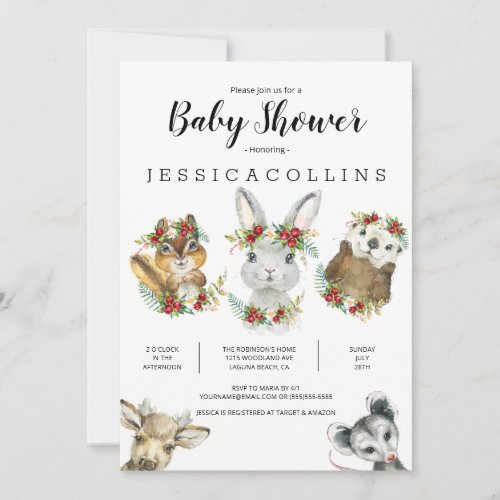 Woodland Animals Watercolor Baby Shower Invitation