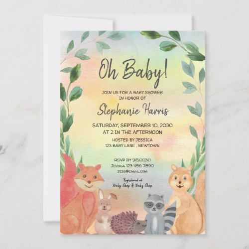 Woodland Animals Watercolor Baby Shower  Invitation