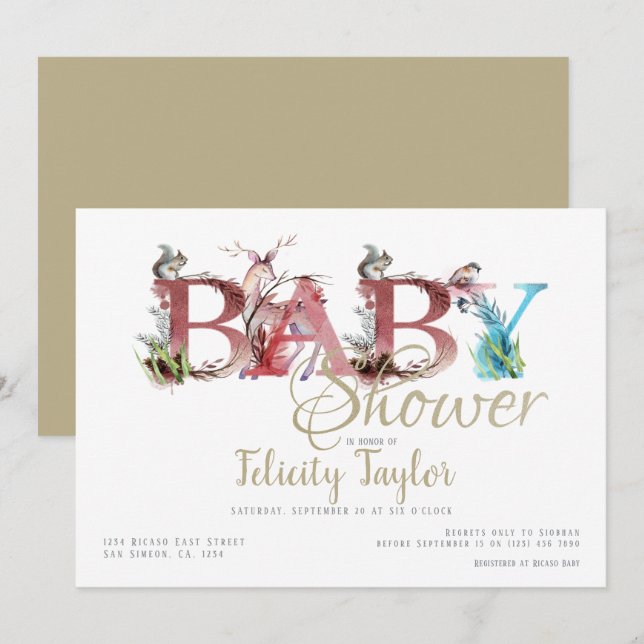 Woodland Animals Watercolor Baby Shower Invitation (Front/Back)