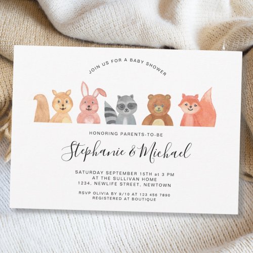 Woodland Animals Watercolor Couples Baby Shower Invitation