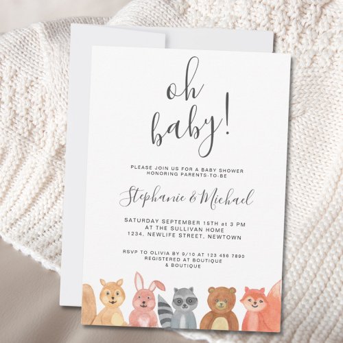 Woodland Animals Watercolor Couples Baby Shower Invitation