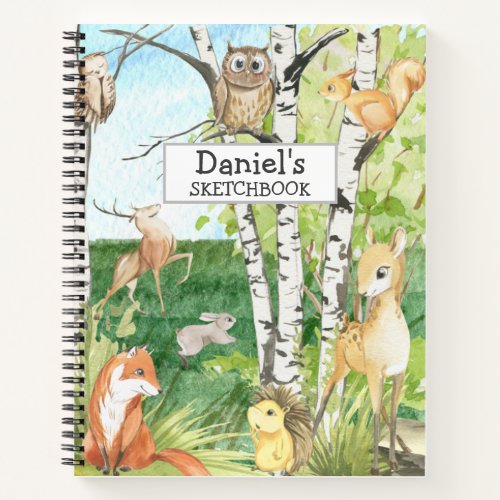 Woodland Animals Watercolor Custom Name Sketchbook Notebook