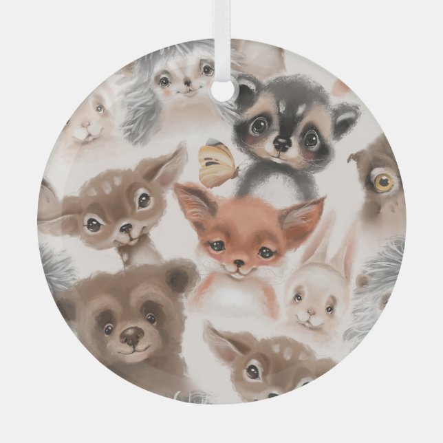 Woodland Animals: Watercolor Seamless Pattern Glass Ornament (Front)