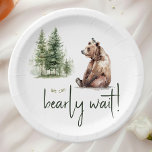 Woodland Animals "We Can Bearly Wait" Baby Shower Paper Plates<br><div class="desc">Introducing our woodland animals "we can bearly wait" baby shower paper plates, perfect for a cute and whimsical celebration! Featuring a watercolor forest story theme with an adorable bear and bird, it's great for a gender-neutral shower. This bohemian-inspired design sets a sweet and simple scene with its natural landscape of...</div>