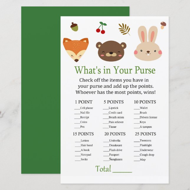 Woodland animals What's in your purse game (Front/Back)