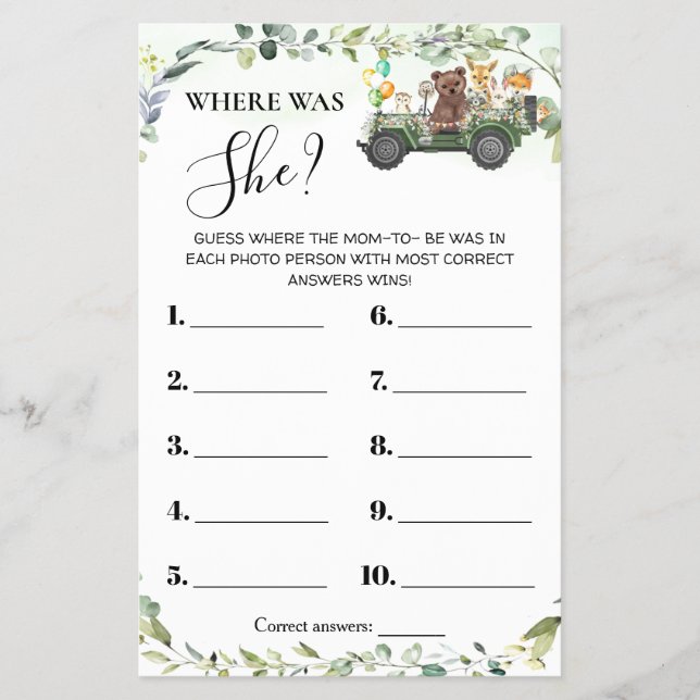 Woodland Animals Where was Mom Shower Game Card Flyer (Front)