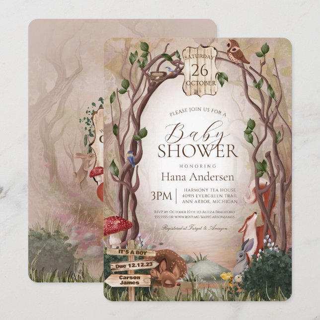 Woodland Animals Whimsical Forest Baby Shower Invitation (Front/Back)