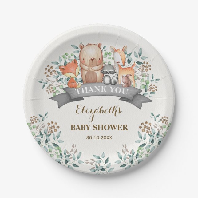 Woodland Animals / Whimsical Forest Baby Shower Paper Plates (Front)