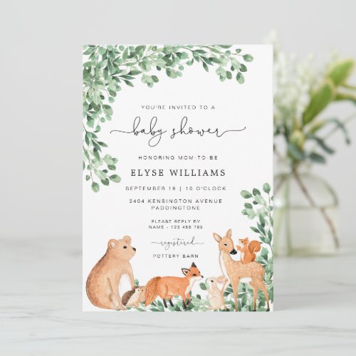 Woodland Animals White Baby Shower Invitation