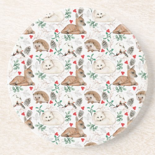 Woodland Animals White Christmas pattern  Coaster