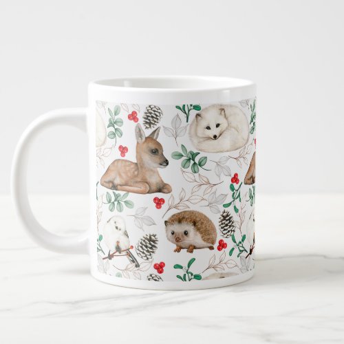 Woodland Animals White Christmas pattern  Giant Coffee Mug