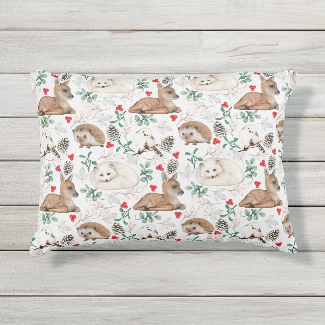 Woodland Animals, White Christmas pattern  Outdoor Pillow (Front)