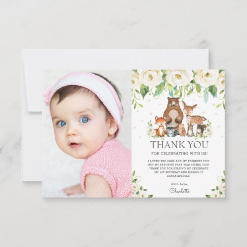 Woodland Animals White Ivory Floral 1st Birthday Thank You Card