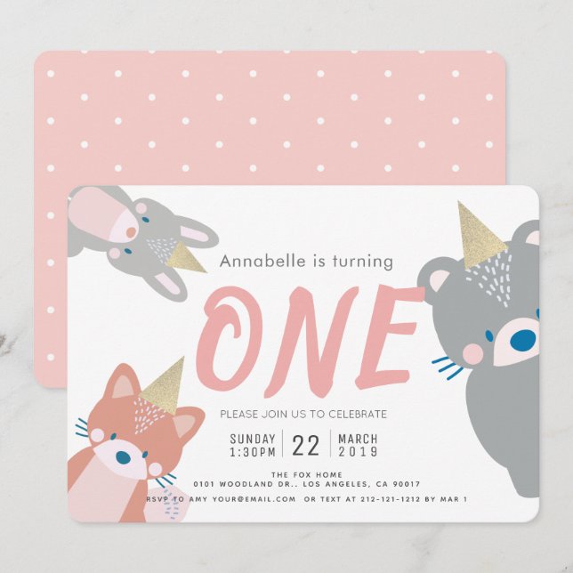 Woodland Animals White Pink Girl 1st Birthday Invitation (Front/Back)