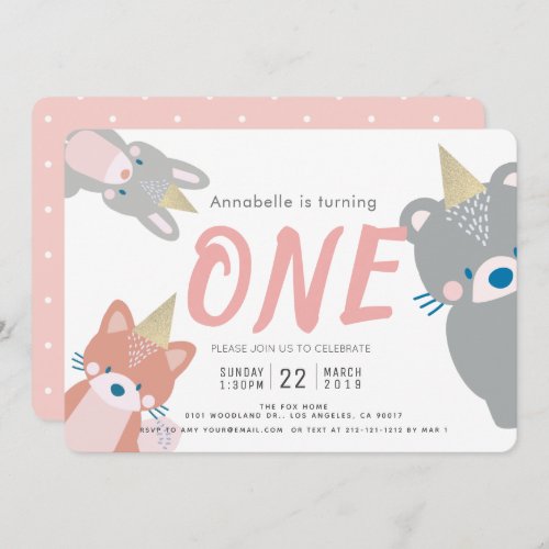 Woodland Animals White Pink Girl 1st Birthday Invitation