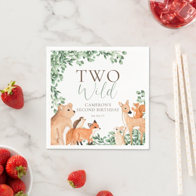 Woodland Animals White Two Wild Second Birthday Napkins (Insitu)