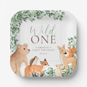 Woodland Animals White Wild One First Birthday Paper Plates
