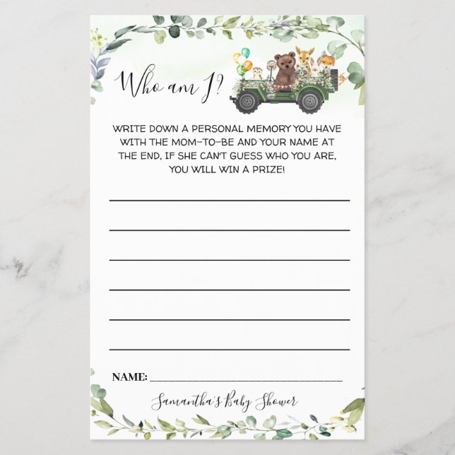 Woodland Animals Who am I Baby Shower Game Card Flyer (Front)
