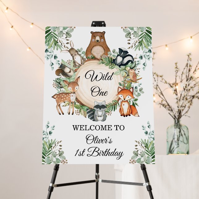 Woodland Animals Wild One 1s Birthday Welcome Foam Board (In Situ (Stand))