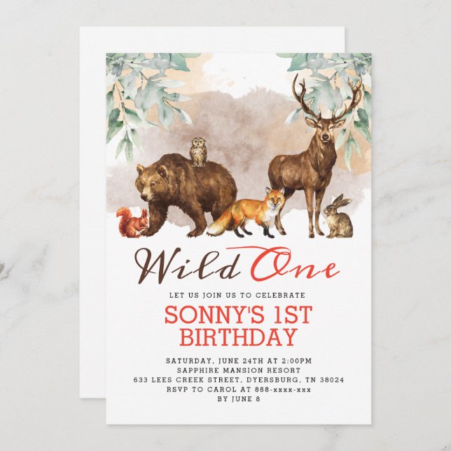 Woodland Animals Wild One Birthday Party Invitation (Front/Back)