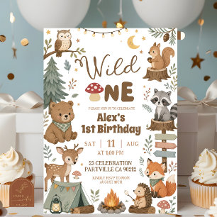 Woodland Animals Wild One Boy 1st Birthday Invitation