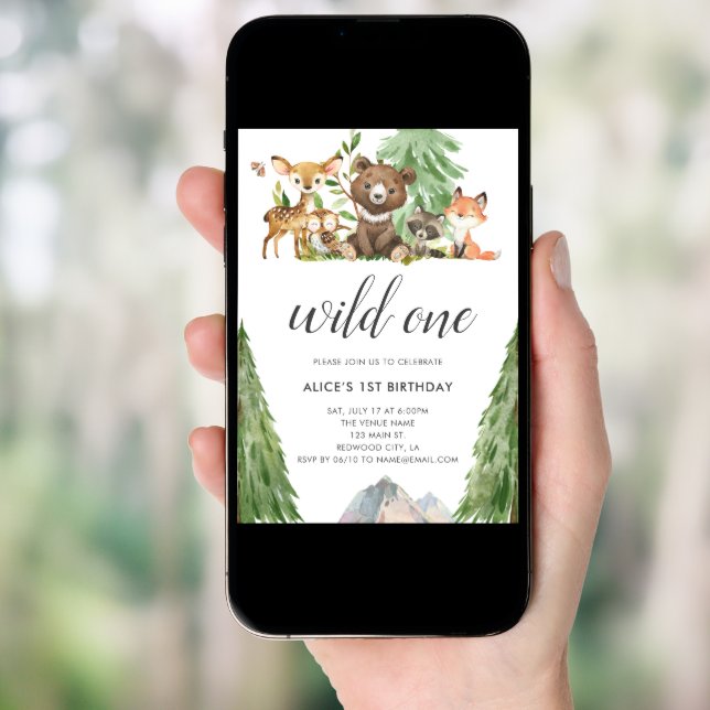 Woodland Animals Wild One Calligraphy 1st Birthday Invitation (Front Digital)