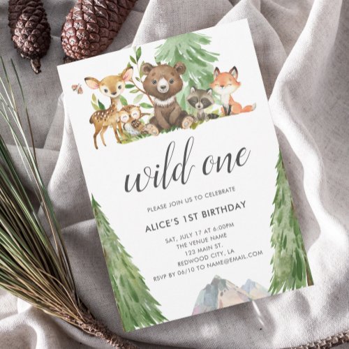 Woodland Animals Wild One Calligraphy 1st Birthday Invitation