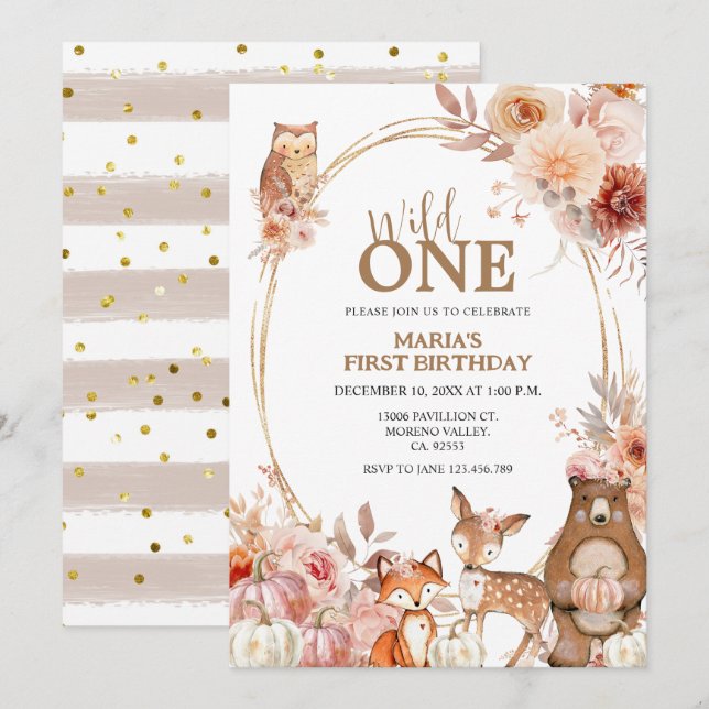 Woodland Animals Wild One Fall Floral 1st Birthday Invitation (Front/Back)